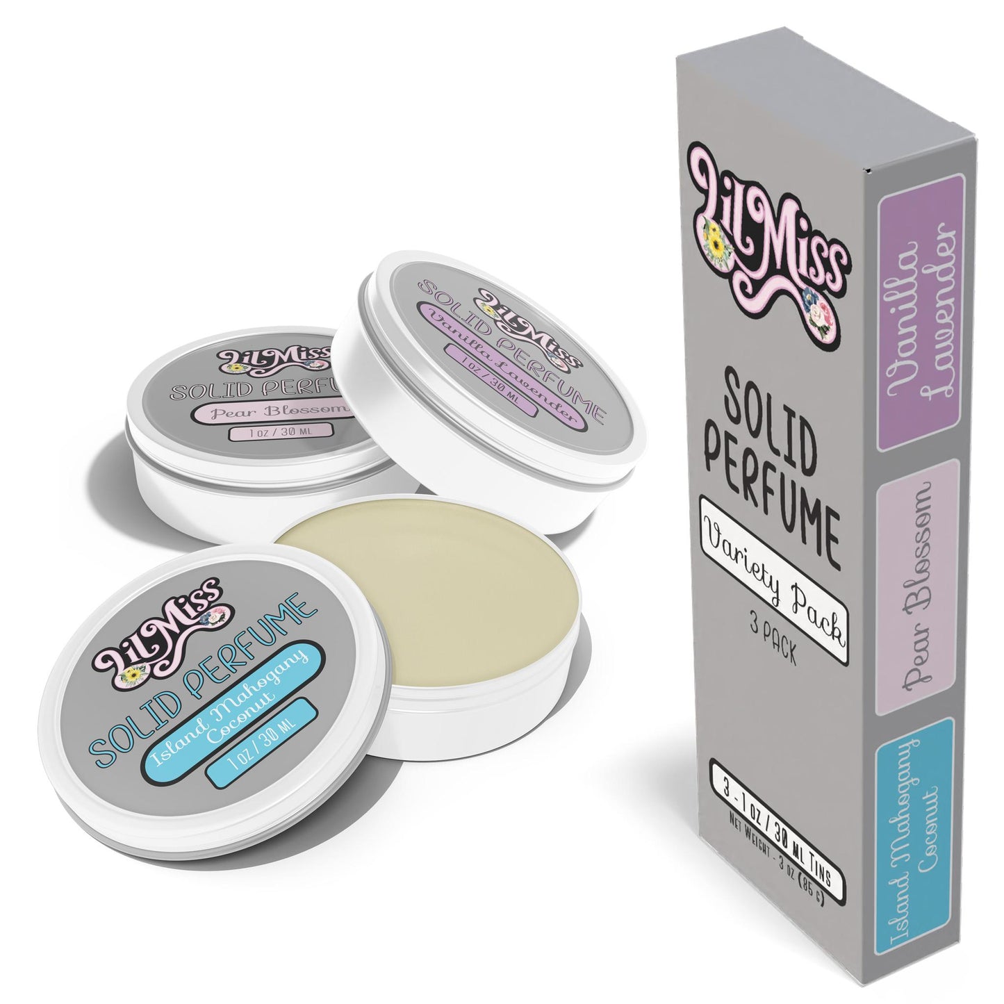Lil Miss Solid Perfume Variety Pack - Island Mahogany Coconut, Pear Blossom, Vanilla Lavender - 1 oz each